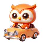 Orange employee owl driving a car, representing transport perks