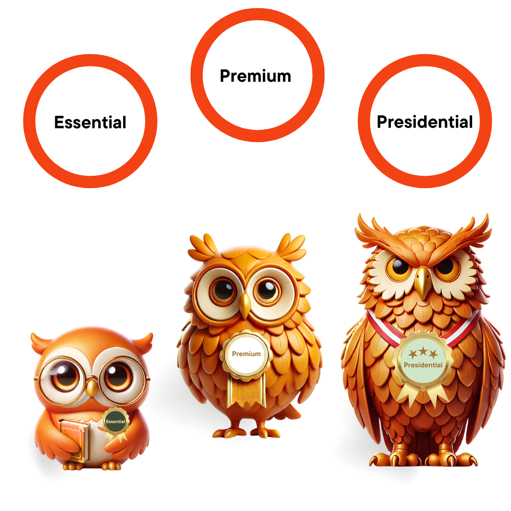 Three employee owls side by side representing the Essentials, Premium, and Presidential membership tiers