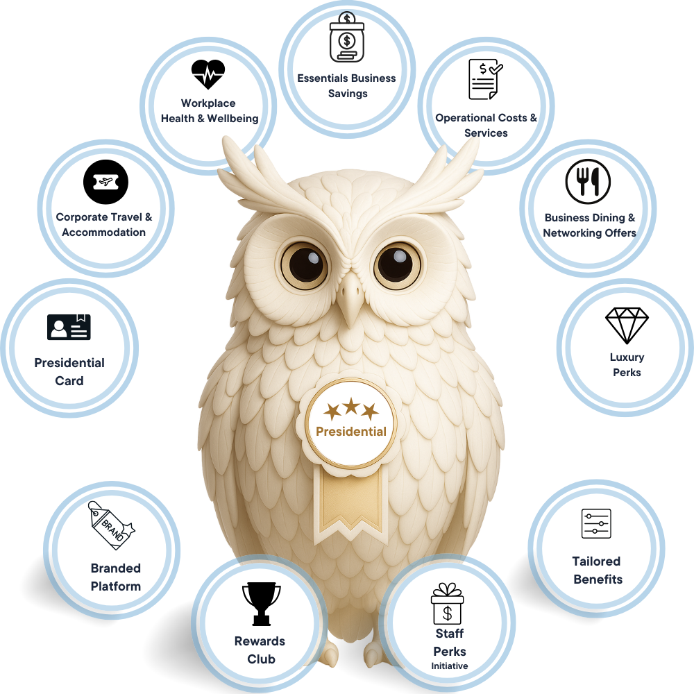 White corporate owl with a gold sash and stars, representing the Presidential Tier