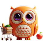 Orange owl shopping with trolley full of groceries