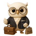 White B2B owl with luggage representing corporate travel, dining, and events