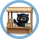 Ink black Provider Owl behind a shop front