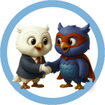 Perkly the blur owl and white B2B owl shaking hands, symbolising partnership