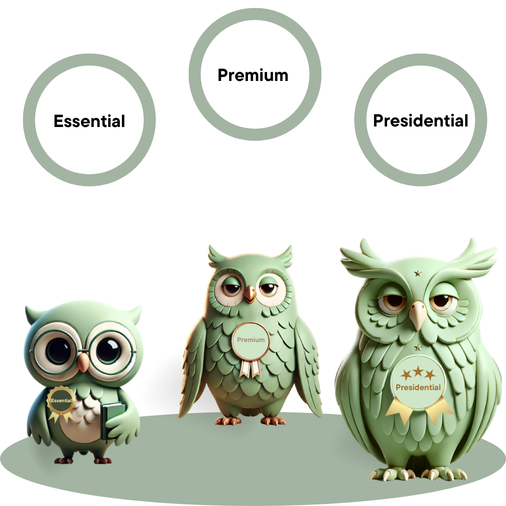 Three member owls representing Essentials, Premium, and Presidential tiers