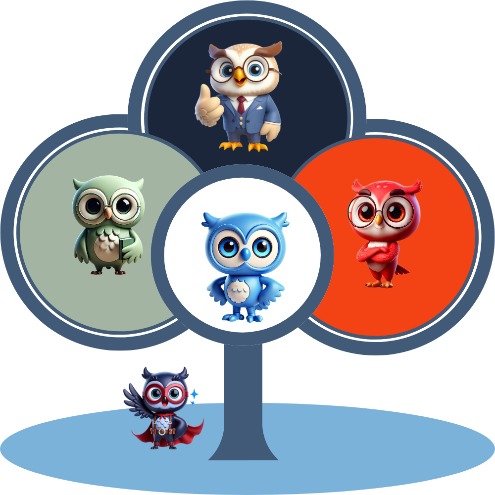 Illustration of Member, Employee, and Corporate owls representing Essentials, Premium, and Presidential tiers on a benefits tree