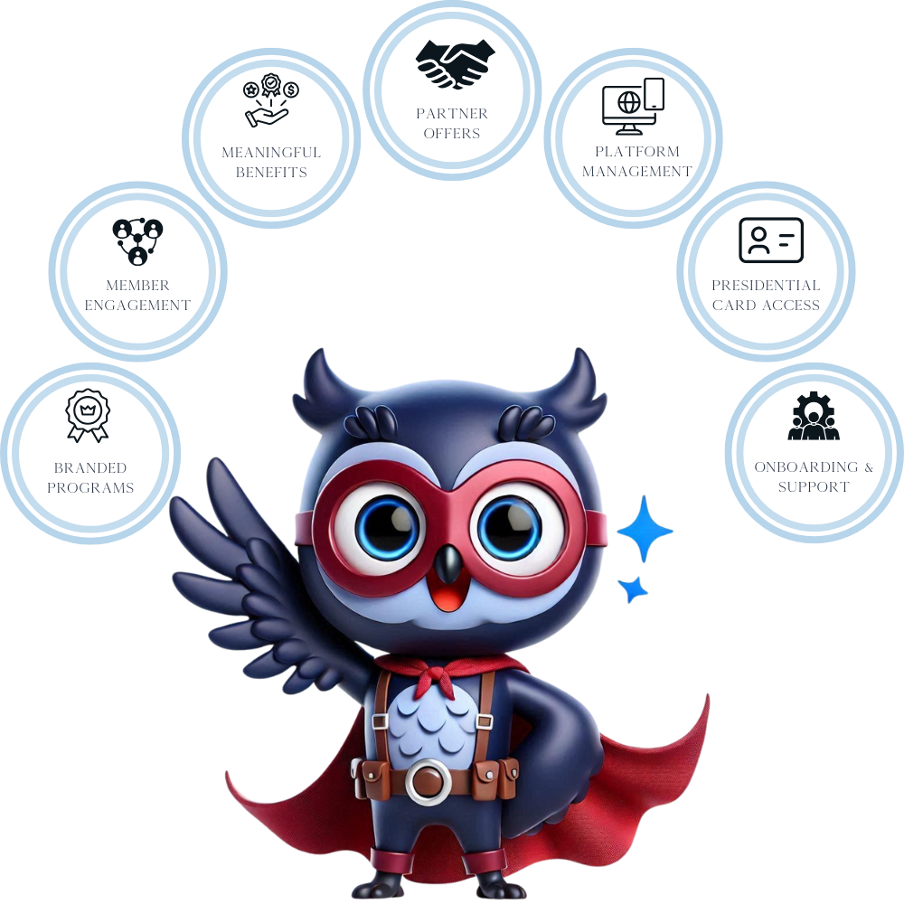 Perkly owl presenting Member Benefits services with a “What We Do” sign