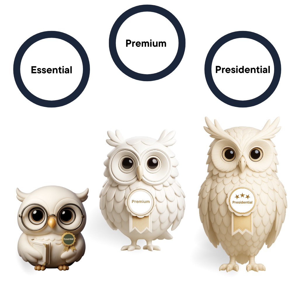 Three white corporate owls representing Essentials, Plus, and Premium benefit tiers