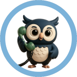 Perkly the navy blue owl talking on the phone