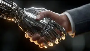 AI robot hand shaking human hand symbolising trust and technology in the workplace
